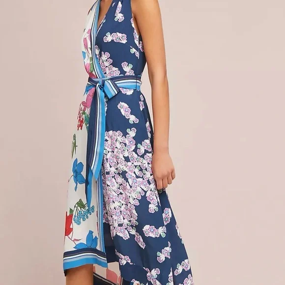 Maeve Anthrolpologie Faux Wrap Mixed Print Sleeveless Dress Floral Blue Size 4 - Picture 2 of 11